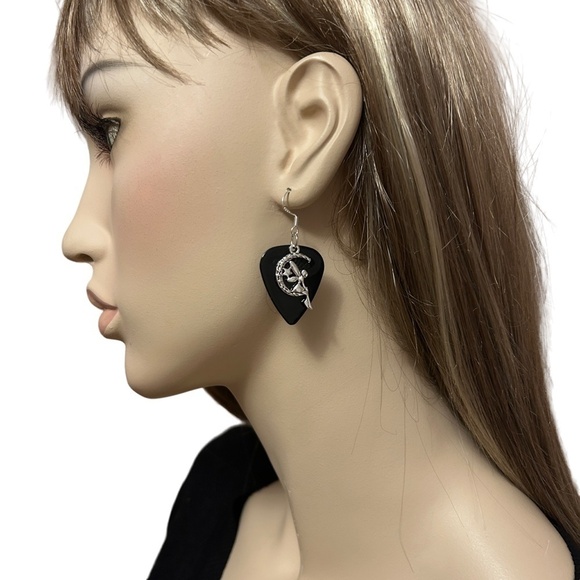 Repurposed Guitar Pick Earrings Hand Crafted Fairy on Midnight Moon - Picture 6 of 8